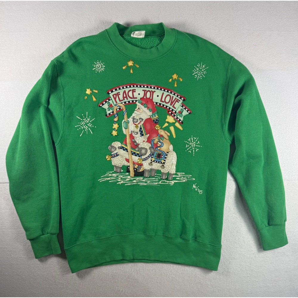 Vintage 1995 Pro Spirit Christmas Sweatshirt Mens Medium Green Santa Sheep USA